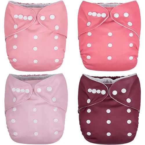 Nora's Nursery Cloth Pocket Diapers 4 Pack with 4 Inserts - Waterproof Cover, Washable, Reusable & One Size Adjustable Pocket Diapers for Newborns and Toddlers - Berry Mauve