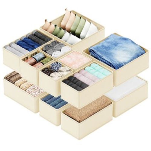 Set of 12 Collapsible Drawer Organizer Bins for Clothes, Closet Organizers and Storage Dividers for Clothing (Black)