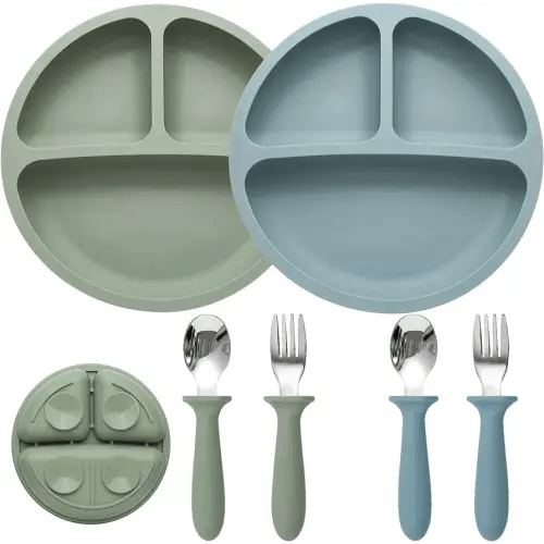 Baby Feeding Set, 2 Pack Silicone Divided Suction Plates for Baby, 2 Pack Spoons and Forks Set, BPA Free, Baby Led Weaning Supplies for Toddler Utensils