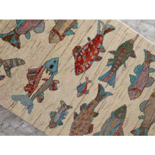 Hand Knotted Fish Pattern Rug Wool Area Carpet Coastal Nautical Beige Blue Handmade Rug