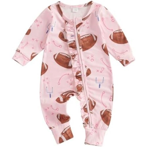 SAYOO Newborn Baby Girl Football Jumpsuit Football Rugby Bow Print Zipper Fall Romper Infant One Piece Bodysuit Coveralls