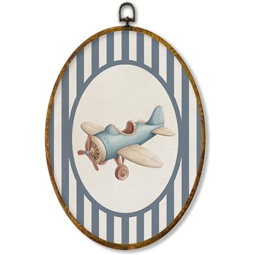 XPH Vintage Airplane Nursery Oval Wall Art Framed, Kids Room Oval Wall Decor Accents, Blue Striped Plane Aviation Vehicles Hanging Canvas Prints for Home Kids Boy Toddler Room Playroom Decoration, 8.6x11.4 Inch