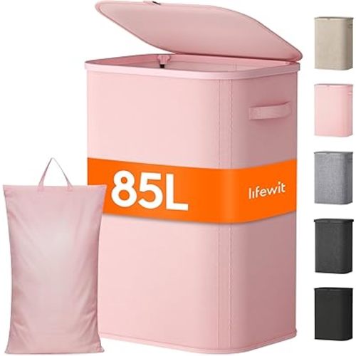 Lifewit 85L Large Laundry Basket with Lid, Laundry Hamper with Plastic Handles and Removable Bag, Foldable Tall Dirty Clothes Hampers for Laundry for Laundry Room, Bedroom, Bathroom, Dorm, Pink