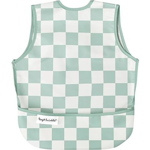Tiny Twinkle Mess Proof Baby Bib - Waterproof & Lightweight Baby-Led Weaning Apron | 100% Recycled Polyester, Easy Clean & Machine Washable (Green Checkers, Small 6-24 Months)