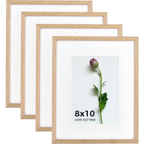 8x10 Picture Frame Set of 4, Solid Oak Wood 8 by 10 Photo Frames with Plexiglass Display Picture 5x7 with mat or 8x10 without mat Tabletop and Wall Hanging Collage Wall Decor