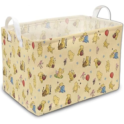 Winnie Nursery Hampers with Handles, the Pooh Nursery Storage Basket, Classic Winnie Baby Nursery Hamper Decor, Foldable and Waterproof Canvas Organizers for Toys Clothes Bedroom Bathroom
