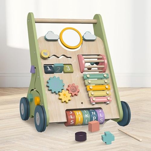 Amazingjoy Wooden Baby Walker Wheels,Baby Push Walker for Babies 6-12 Months Montessori,Toddler Walker Push Toy Wooden Activity Walker for Baby Boy,Walking Toys for 1 Year Old Learning to Walk Girl