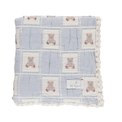 Blue Teddy Bear Patchwork Cotton Crochet Blanket OS
