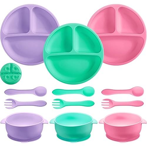Chengu 9 Pcs Silicone Baby Toddler Suction Plates and Suction Bowls with Spoon Fork Baby Boy Girl Divided Plate Feeding Set Kids Utensils Gifts Dishwasher and Microwave Safe(Fresh Colors)