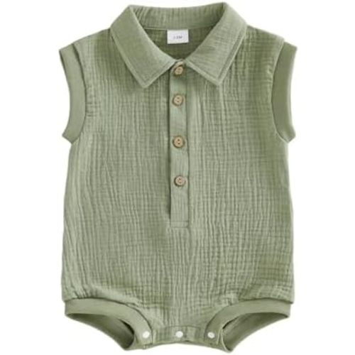 Honganda Newborn Baby Boy Cotton Linen Romper Short Sleeve Lapel Collar Button Down Jumpsuit Summer Solid One Piece Outfit