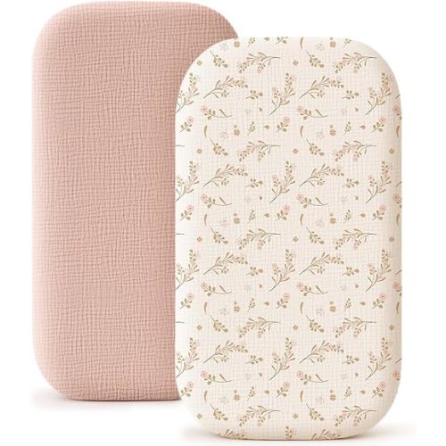 Konssy Muslin Fitted Bassinet Sheets 2 Pack for Baby Girl Boy, Soft Bedside Sleeper Bassinet Sheets Fit for Baby Bassinets, Moses Basket Oval Rectangle Pad/Mattress