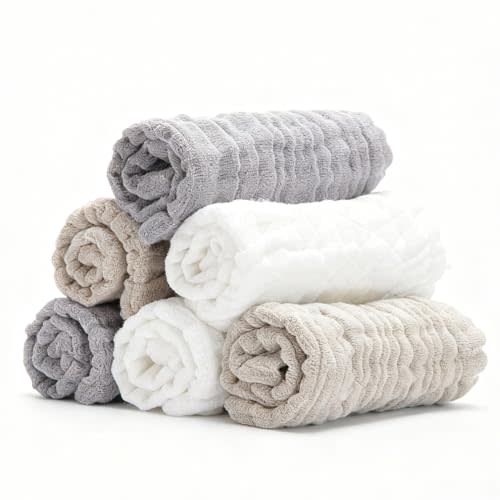 Bear Rocket Organic Muslin Baby Washcloths 6 Pack Baby Bath Face Towel 12x12 Inch Extra Absorbent and Soft Burp Cloth and Wash Cloths for Newborn-Infants On Sensitive Skin (White Grey Brown)