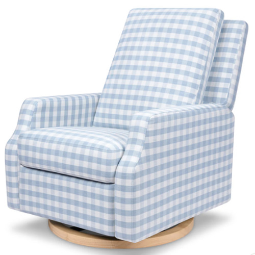 Crewe Recliner & Swivel Glider - Blue Gingham with Light Wood Base