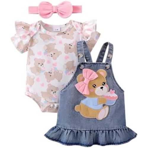 Baby Girl Clothes Suspender Skirt Newborn Ruffle Romper Cute Bear Jeans Dress Bow Headband Summer Outfits 0-18 Months