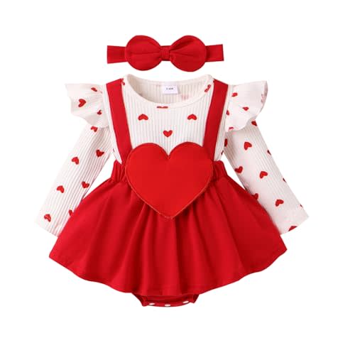 Valentine Baby Girl Outfit Heart Print Ribbed Long Sleeve Newborn Valentines day Romper Dress Headband Set