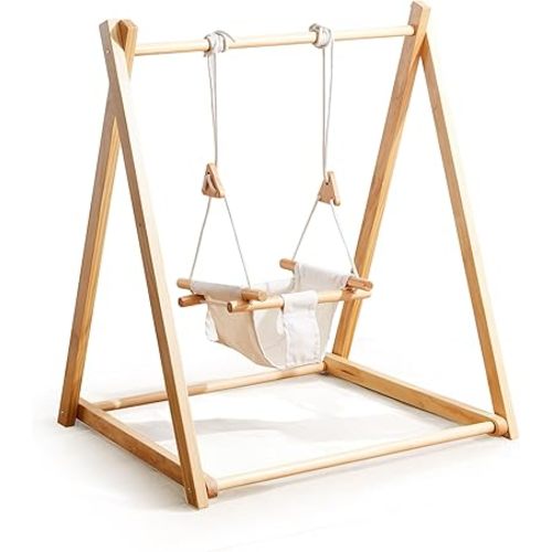 Baby and Toddler Foldable Wooden Swing Set with Stand, Foldable Indoor Baby Swing Set with Seat Belt, Extension Straps for Toddlers Aged 6-36 Months Perfect for Home,Child Daycare, Preschool