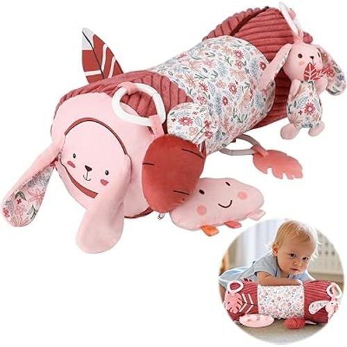 vocheer Tummy Time Pillow with Detachable Sensory Toys for Babies,Inflatable Design,Pink Rabbit, Baby Girl Toys 0-6 Months with Tummy Time Mirror, Rattles, Teether, Baby Girl Gifts