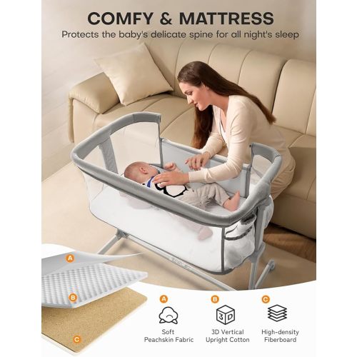 besrey Baby Bassinet Bedside Sleeper, All Mesh Bedside Bassinet for Newborn Infant with Comfy Mattress, 7 Height Adjustable Bedside Crib with 360°Swivel Wheels, Baby Bassinet Sleeper with Mesh Pockets - Warm Gray
