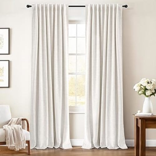 INOVADAY 100% Blackout Curtains 90 Inches Length 2 Panels Set, Back Tab/Rod Pocket Linen Black Out Curtains for Bedroom, Thermal Insulated Window Drapes - Beige, W50 X L90