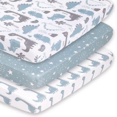 The Peanutshell Mini Crib Sheet Set for Boys - 3 Pack - Multiuse for Pack & Play, Playard, Playpen, Mini Crib - Blue Dino