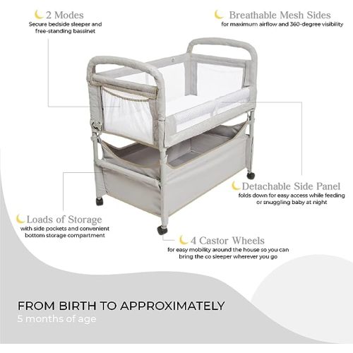 Arm’s Reach Clear-Vue Co-Sleeper Bedside Bassinet Featuring Clear Mesh Panels with Fold-Down Side, Large Attached Storage Basket, 4 Wheels, and Height-Adjustable Legs, Gray