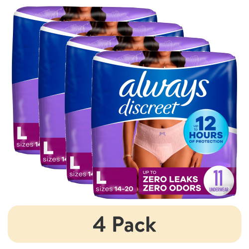 (4 pack) Always Discreet Adult Incontinence Underwear for Women and Postpartum Underwear, L, Up to 100% Bladder Leak Protection, 11 Count