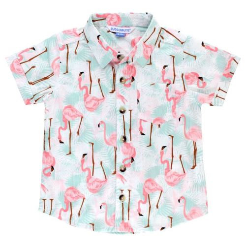Ruggedbutts Vibrant Flamingo Short Sleeve Button Down Shirt - Multi-color, 3-6 Months
