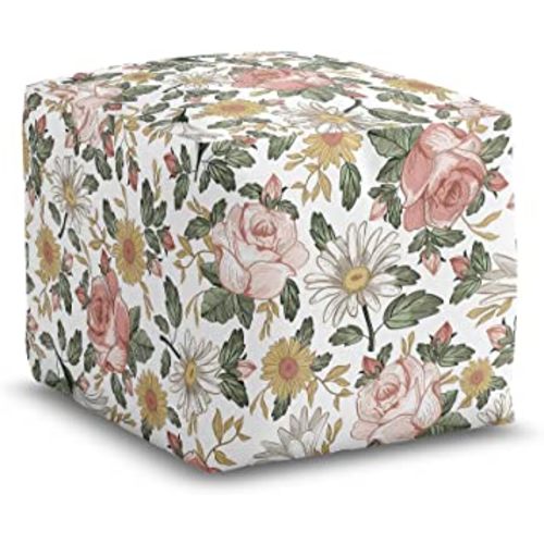 Sweet Jojo Designs Blush Pink Yellow Vintage Floral Boho Girl Ottoman Pouf Cover Unstuffed Poof Floor Footstool Square Cube Pouffe Storage Baby Nursery Kids Room Bohemian Shabby Chic Farmhouse White
