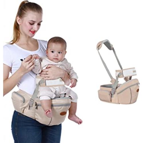 Baby Hip Seat Carrier Baby Waist Stool for Child Infant Toddler with Adjustable Strap Buckle Pocket Soft Inner Huge Storage (Khaki)