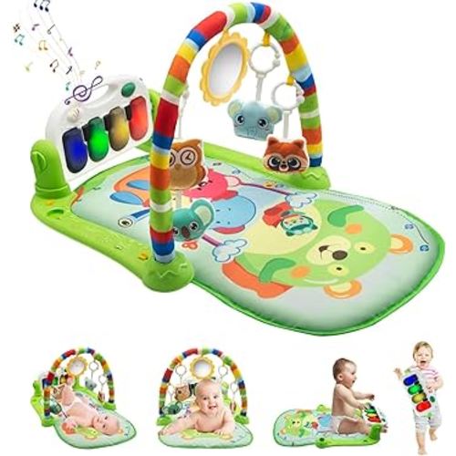 Baby Play Mat, Tummy Time Mat Baby Gym Play Mat with Music & Light, Animal Rattles Play Mat for Babies 0-6 6-12 Months Newborn Baby Activity Mat Infant Kick and Play Piano Gym Toy Gift, Litter Bear