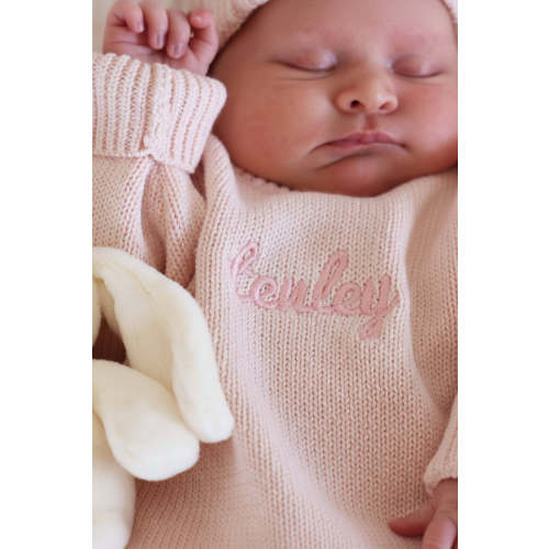 Embroidered Knit Sweater Bubble Romper in Tea Rose | Caden Lane | Personalized | Newborn