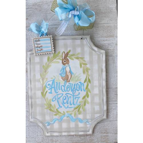 Rabbit Baby door hanger and birth info tag. Boy or girl door hanger. Hospital door hanger. Nursery door hanger.