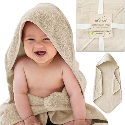Organic Cotton Low-Twist Woven Hooded Baby Towels, 31x31 Inches, Soft Bath Towels with Hood for Newborns and Kids, Girls & Boys (Ivory, 31.4" L x 31.4" W)