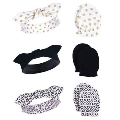 Hudson Baby Infant Girl Cotton Headband And Scratch Mitten 6pc Set, Xoxo, 0-6 Months