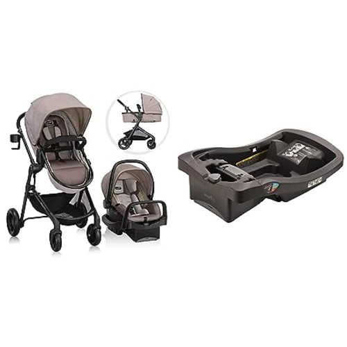 Evenflo Pivot Modular Travel System with LiteMax Infant Car Seat with Anti-Rebound Bar (Desert Tan) and Evenflo LiteMax Infant Car Seat Base, Black - Stroller + Car Seat Base