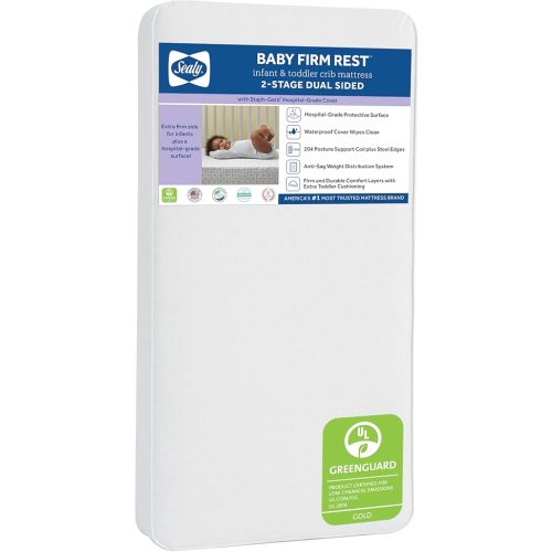 Sealy Baby Firm Rest Antibacterial 2 Stage Waterproof Crib Mattress plus Toddler Bed Fit, 204 Steel Coils, Non Toxic, GREENGUARD Gold Certified, Safety & Quality Tested, Made in USA, 52"X28"