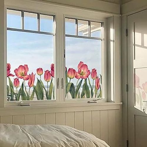 JarThenaAMCS 127Pcs Spring Summer Tulip Window Clings Floral Window Stickers Pink Flower Double-Side Glass Decals for Home Office School Party Shop Display Decorations, 9 Sheets