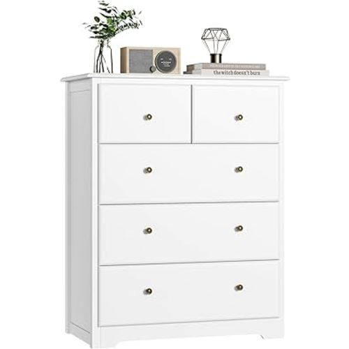 HOUSUIT Dresser with 5 Drawers, Tall Dresser Chest of Drawers, 5 Drawer Dresser with Deep Space, Wood Dresser Storage Cabinet for Living Room, Hallway, Entryway, Office, White