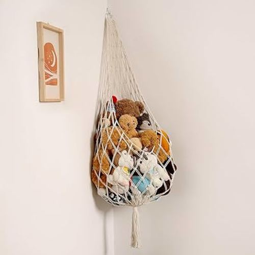 Upgrade Stuffed Aanimal Storage Organizers Toy Hammock Corner Hanging Net Stuffy Aniaml Hammock Macrame Toy Display Plush Toy Holder Wall-Mounted, Kid Bedroom Playroom Organizer (Cream)