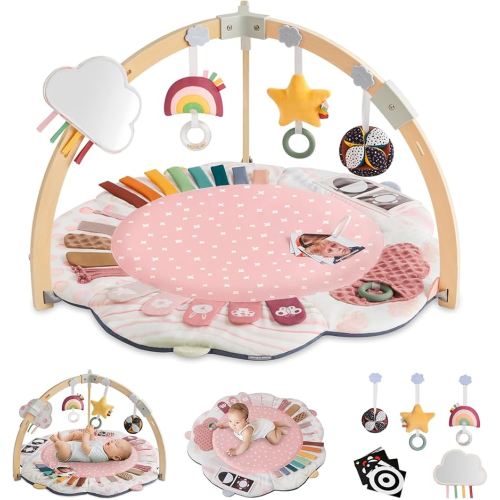 Blissful Diary Baby Play Gym & Activity Mat, 5 Developmental Zones Wooden Tummy Time Mat with 5 Detachable Sensory Toys for Motor Skills & Sensory Development, Baby Essentials Shower Gift, Pink Flower