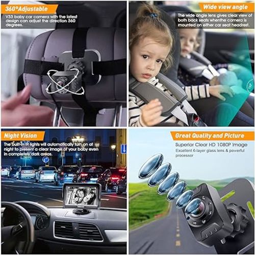 DoHonest Baby Car Camera HD 1080P: 360° Rotating Plug and Play Easy Install 3 Mins Rear Facing Car Baby Monitor with Camera Crystal Night Vision Backseat Camera Two Kids -V33