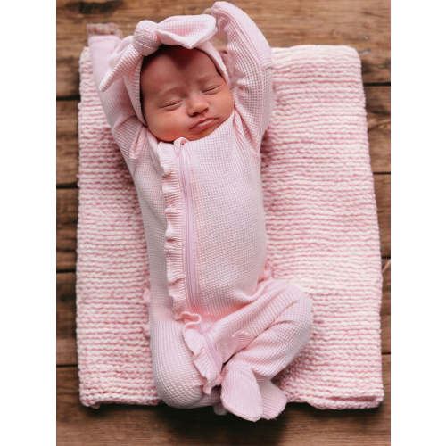Organic Waffle Ruffle Zip Footie, Blush
