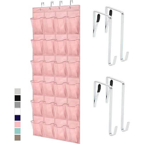 GORILLA GRIP Over the Door Shoe Organizer, 24 Large Breathable Mesh Pockets, Space Saving Hanging Storage Holder, Closet Rack Hanger Holds Up to 40 lbs, Hangs on Closets for Shoes, Accessories, Pink