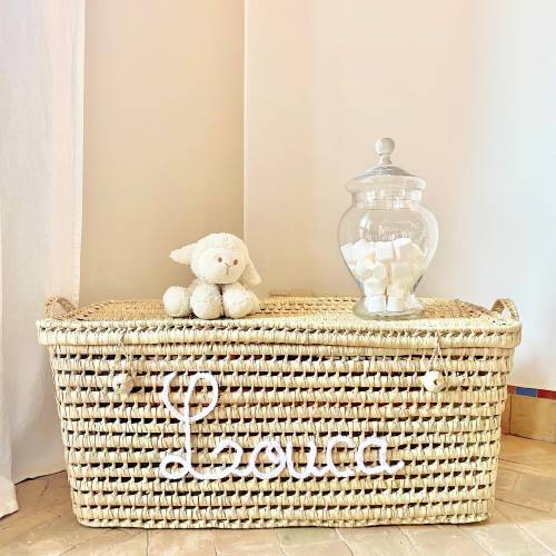 Personalized wicker storage trunk, customizable palm leaf storage chest, toy box, basket and baskets