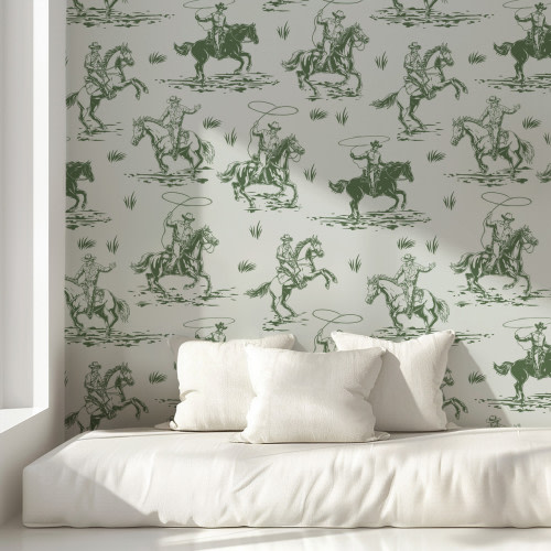 Olive Green Cowboys Wallpaper for Kids - Rodeo Vintage Illustration