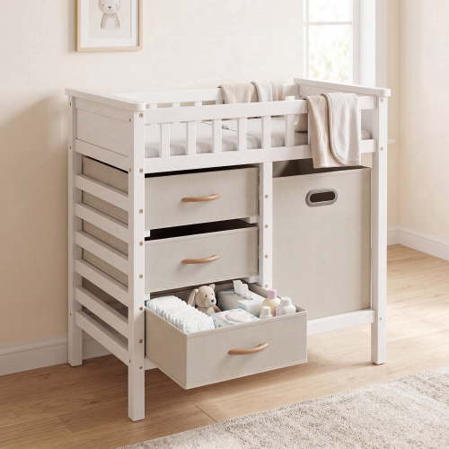 INFANS Baby Changing Table, Wooden Diaper Station Dresser with 3 Fabric Drawers, Laundry Hamper, Safety Belt, Pad for Nursery Infant