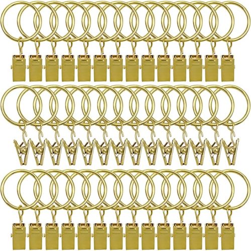 42 Pack Curtain Rod Clip Rings, 1" Interior Diameter, Metal, Drapery Ring with Clips, Rustproof Vintage (Golden)