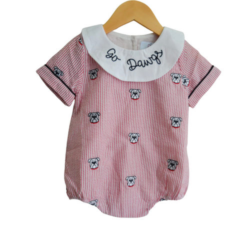 GO DAWGS Red Seersucker Bulldog Embroidery Collar Boy Bubble Georgia