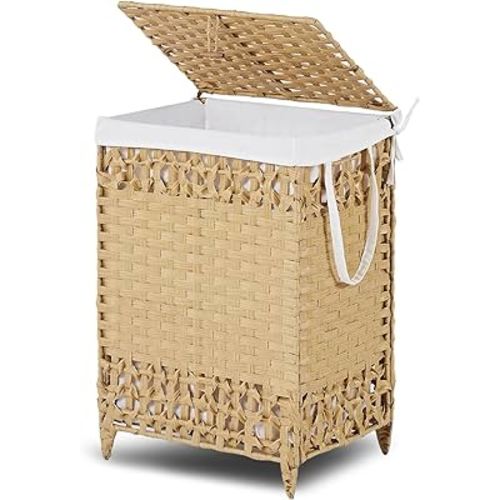 Cpintltr Laundry Hamper with Lid, 23.8 Gallon (90L) Synthetic Rattan Clothes Laundry Basket with Lid and Handles, Removable Liner, Foldable, Khaki