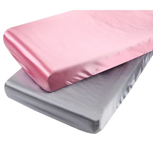 Satin Pack n Play Sheet Set 2 Pack Ultra Soft Silk Fitted Mini Crib Sheets Playard Sheet Protect for Baby Hair and Skin, Grey & Pink